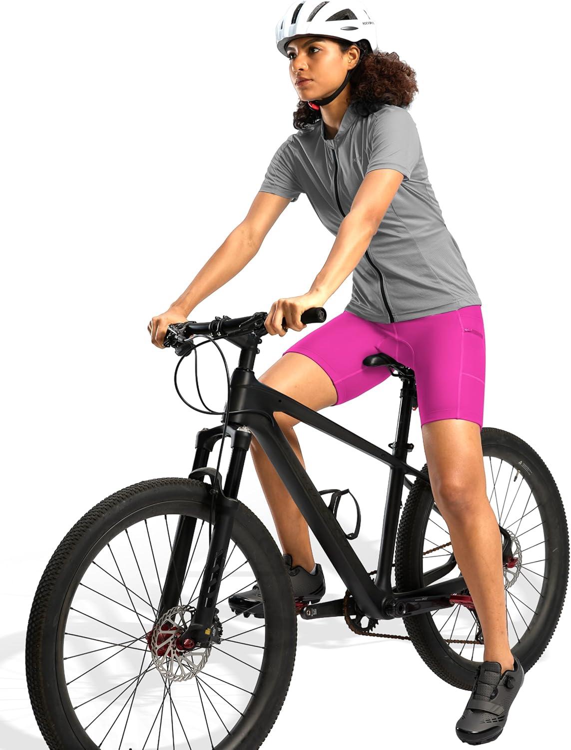 imageWomens 4D Padded Bike Shorts 5quot7quot Riding Underwear Cycling Bicycle Road Biking Cycle Shorts for Women Zipper PocketsRosy