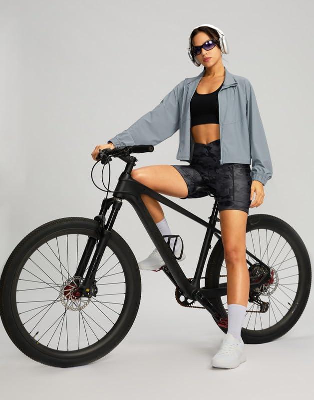 imageWomens Bike Shorts 4D Padded Cycling Shorts Crossover Waist Biking Shorts with Pockets Bicycle RidingCamo Black