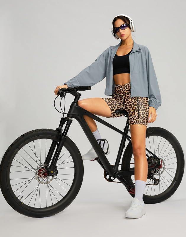 imageWomens Bike Shorts 4D Padded Cycling Shorts Crossover Waist Biking Shorts with Pockets Bicycle RidingLeopard