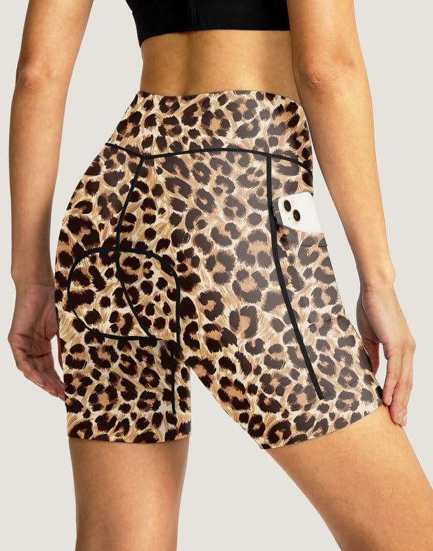 imageWomens Bike Shorts 4D Padded Cycling Shorts Crossover Waist Biking Shorts with Pockets Bicycle RidingLeopard