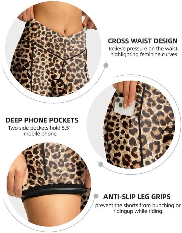 imageWomens Bike Shorts 4D Padded Cycling Shorts Crossover Waist Biking Shorts with Pockets Bicycle RidingLeopard