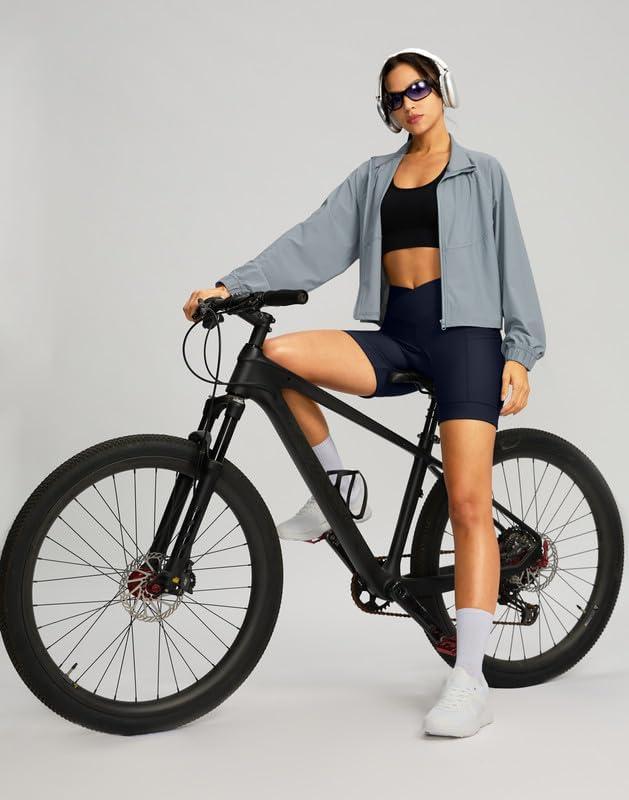 imageWomens Bike Shorts 4D Padded Cycling Shorts Crossover Waist Biking Shorts with Pockets Bicycle RidingNavy