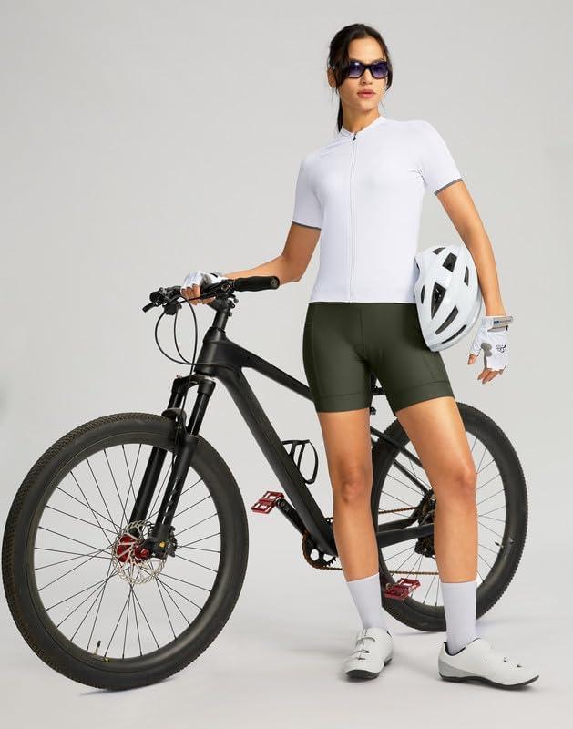 imageWomens Bike Shorts 4D Padded Cycling Shorts Crossover Waist Biking Shorts with Pockets Bicycle RidingOlive Green