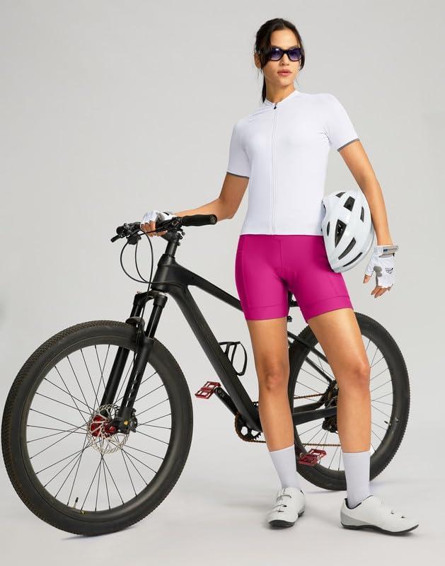 imageWomens Bike Shorts 4D Padded Cycling Shorts Crossover Waist Biking Shorts with Pockets Bicycle RidingRosy