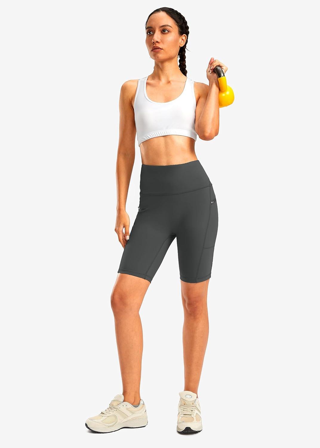 imageWomens High Waisted Biker Shorts 8quot Running Workout Tummy Control Bike Spandex Shorts for Women Zipper PocketsDark Grey