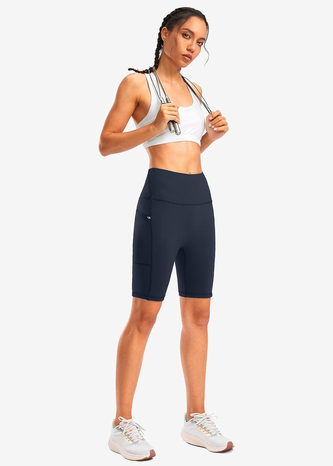 imageWomens High Waisted Biker Shorts 8quot Running Workout Tummy Control Bike Spandex Shorts for Women Zipper PocketsNavy