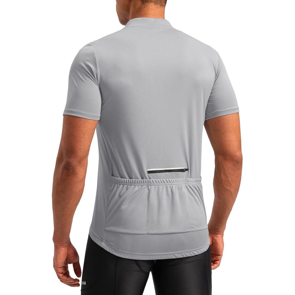 imageBikewa Mens Cycling Jersey Moisture Wicking Short Sleeve UPF Half Zip Bike Road Riding Biking Shirts for Men Zipper PocketsLight Grey