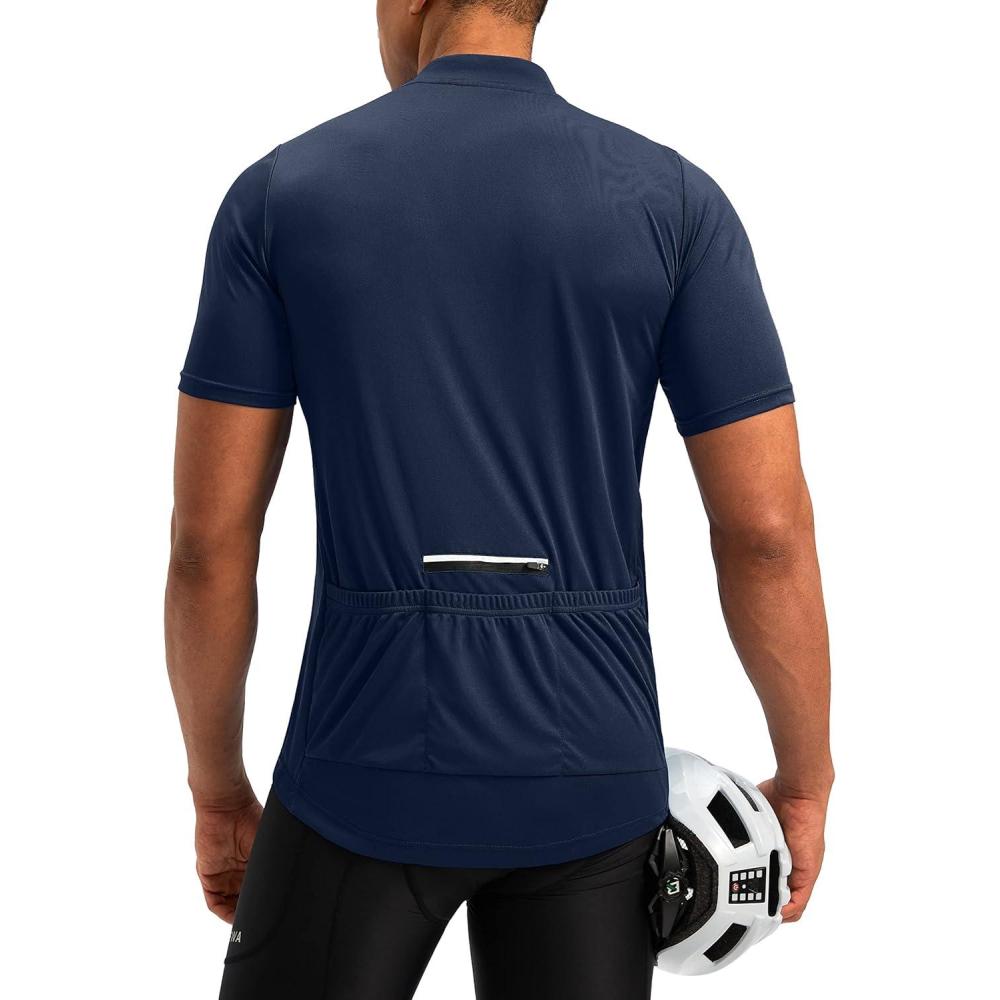 imageBikewa Mens Cycling Jersey Moisture Wicking Short Sleeve UPF Half Zip Bike Road Riding Biking Shirts for Men Zipper PocketsNavy
