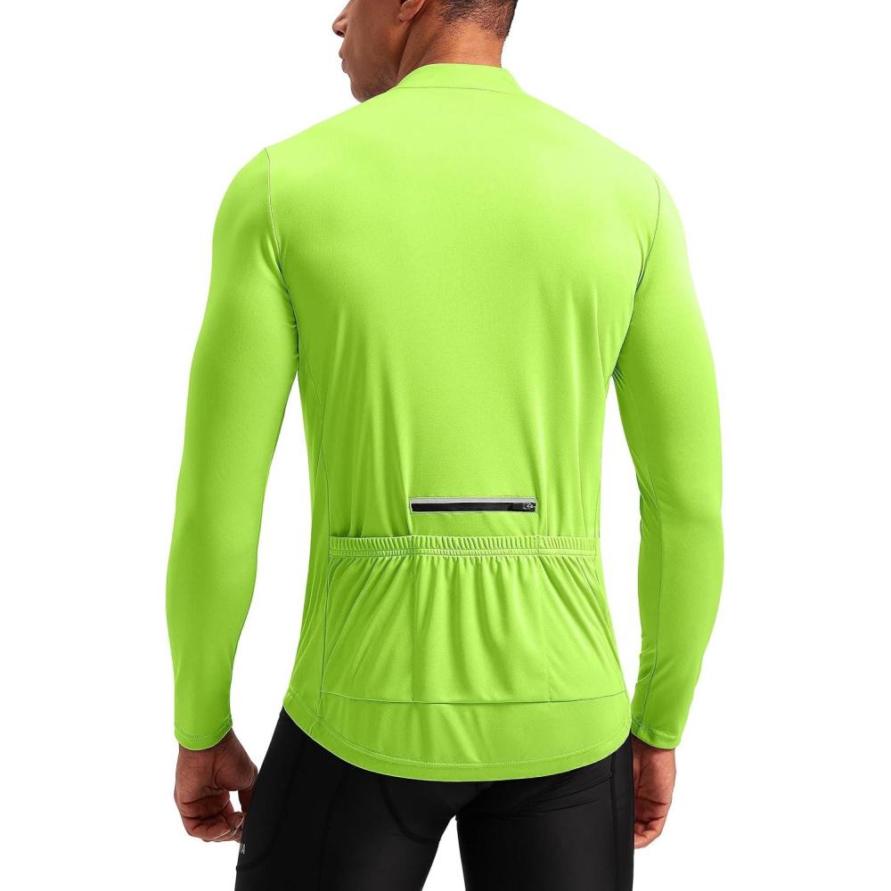 imageBikewa Mens Cycling Jersey with 31 Rear Zipper Pockets Long Sleeve Moisture Wicking UPF 50 Half Zip Riding Bike ShirtsFluorescent Green
