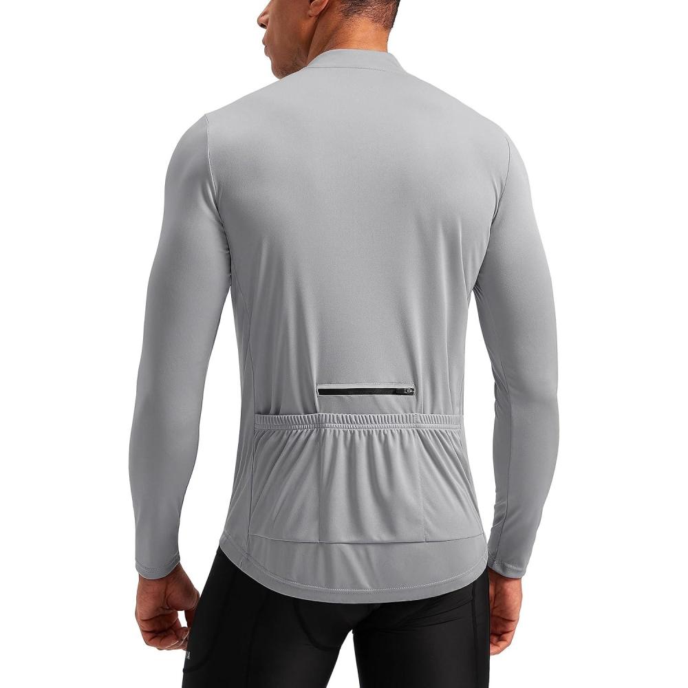 imageBikewa Mens Cycling Jersey with 31 Rear Zipper Pockets Long Sleeve Moisture Wicking UPF 50 Half Zip Riding Bike ShirtsLight Grey