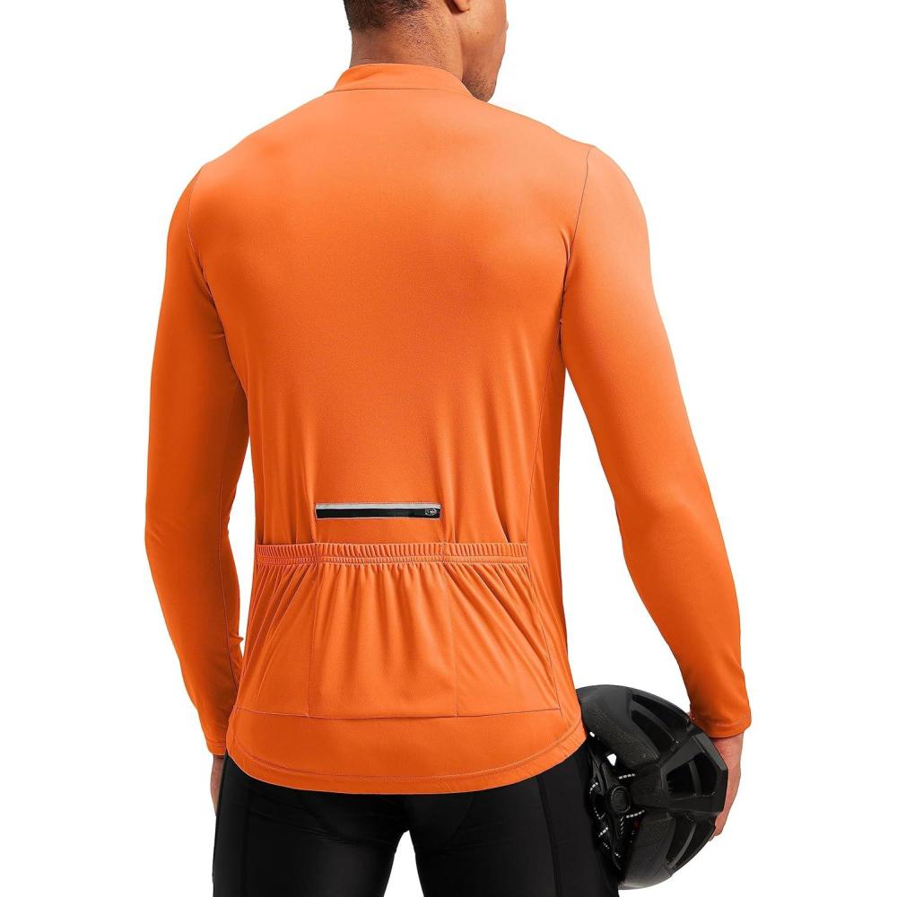 imageBikewa Mens Cycling Jersey with 31 Rear Zipper Pockets Long Sleeve Moisture Wicking UPF 50 Half Zip Riding Bike ShirtsOrange