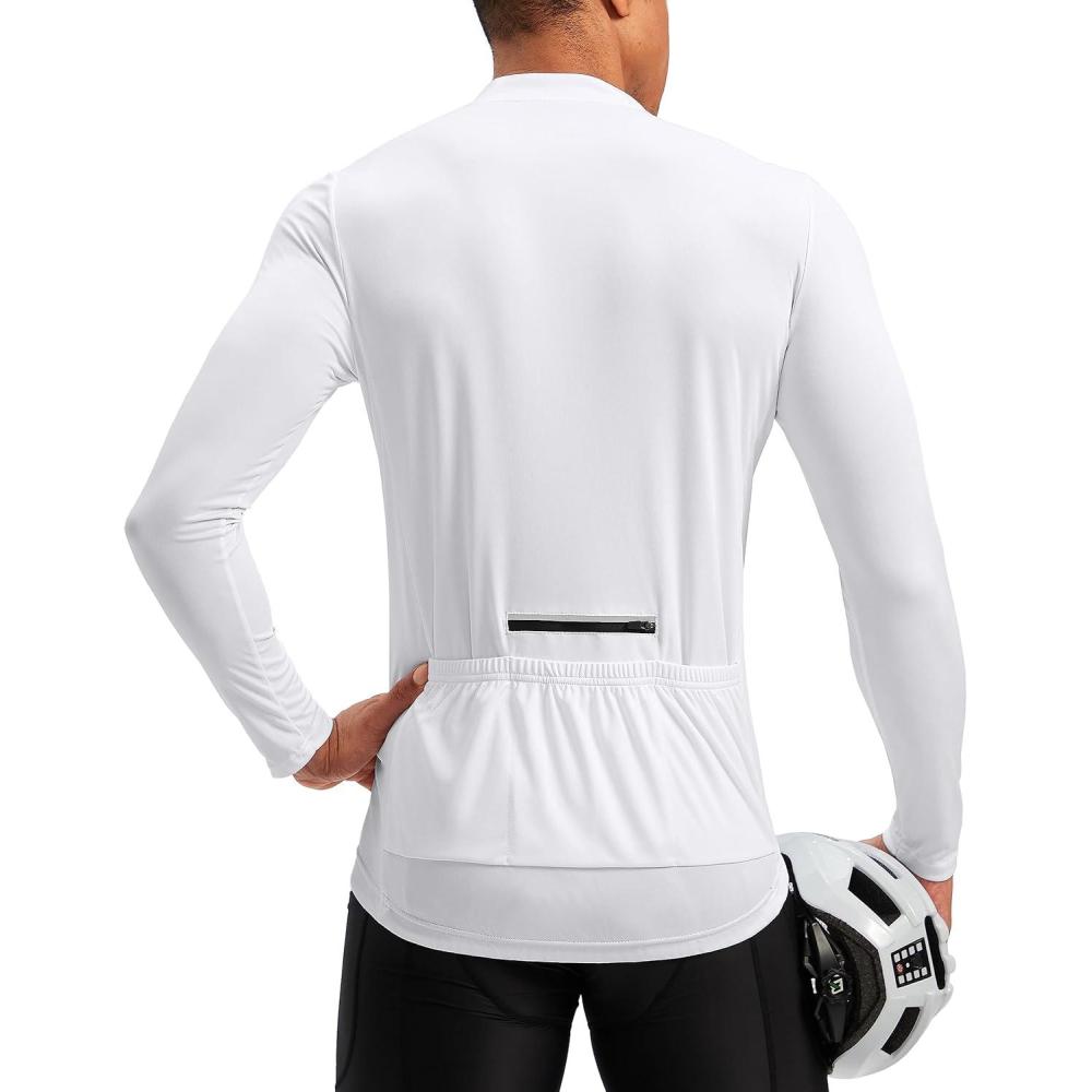 imageBikewa Mens Cycling Jersey with 31 Rear Zipper Pockets Long Sleeve Moisture Wicking UPF 50 Half Zip Riding Bike ShirtsWhite