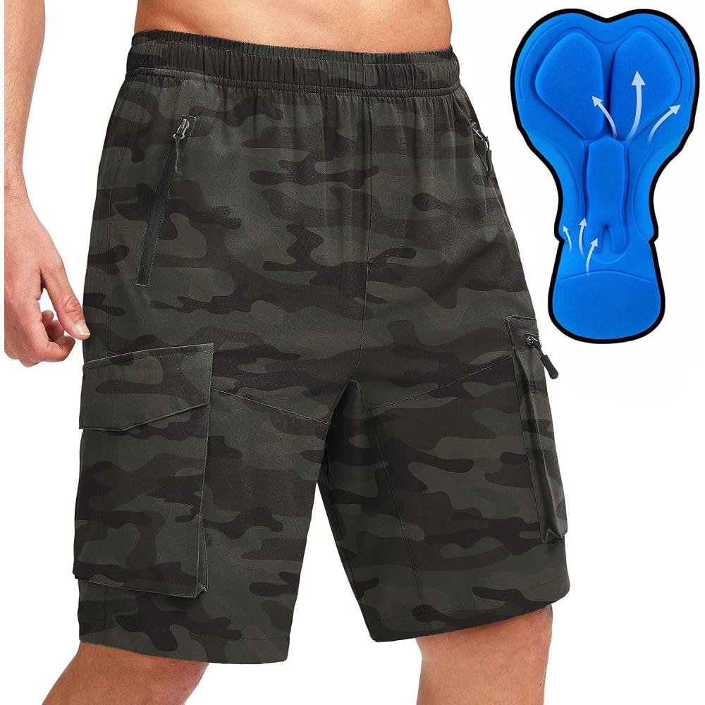 imageBikewa Mens Mountain Bike Shorts 3D Padded Loosefit Biking Riding Cycling Bicycle Biker Shorts Zipper PocketsCamo Green