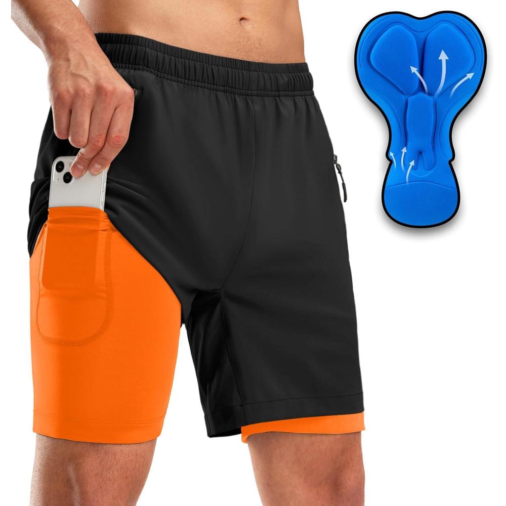 imageBikewa Mens Mountain Bike Shorts 3D Padded Loosefit Riding Biking Cycling Bicycle Biker Shorts for Men Zipper PocketsBlackOrange