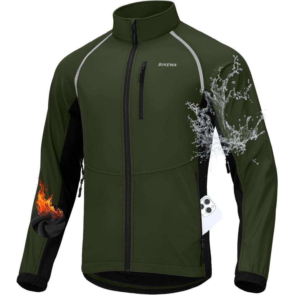 imageBikewa Mens Winter Cycling Jackets Thermal Warm Water Resistant Bike Running Windproof JacketArmy GreenBlack