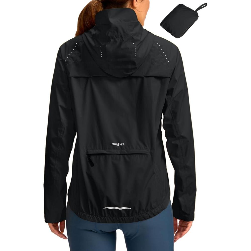 imageBikewa Womens Cycling Rain Jackets Waterproof Windbreaker Lightweight Running Windproof Reflective Jacket Packable HoodedBlack