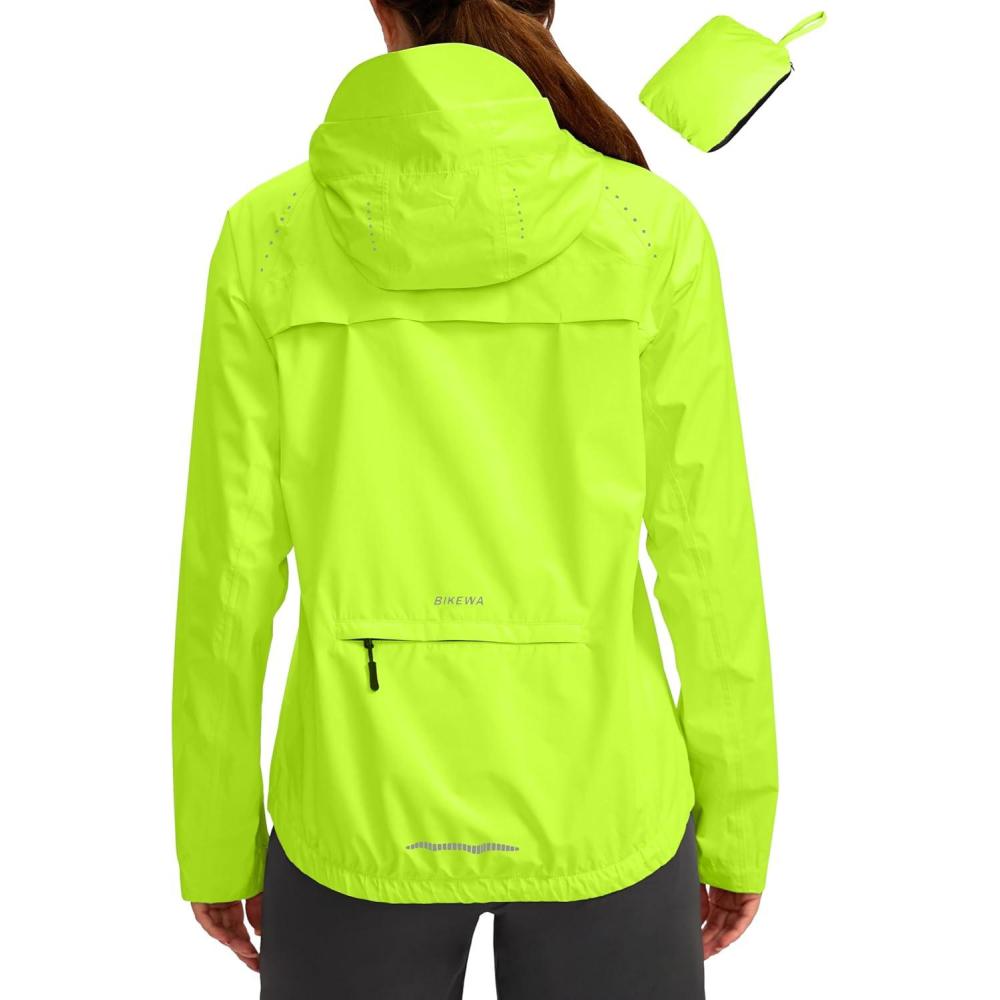 imageBikewa Womens Cycling Rain Jackets Waterproof Windbreaker Lightweight Running Windproof Reflective Jacket Packable HoodedFluorescent Yellow