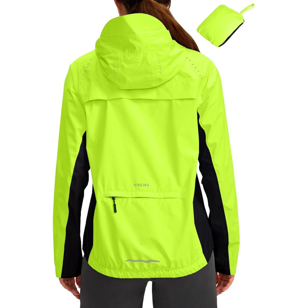 imageBikewa Womens Cycling Rain Jackets Waterproof Windbreaker Lightweight Running Windproof Reflective Jacket Packable HoodedFluorescent YellowBlack