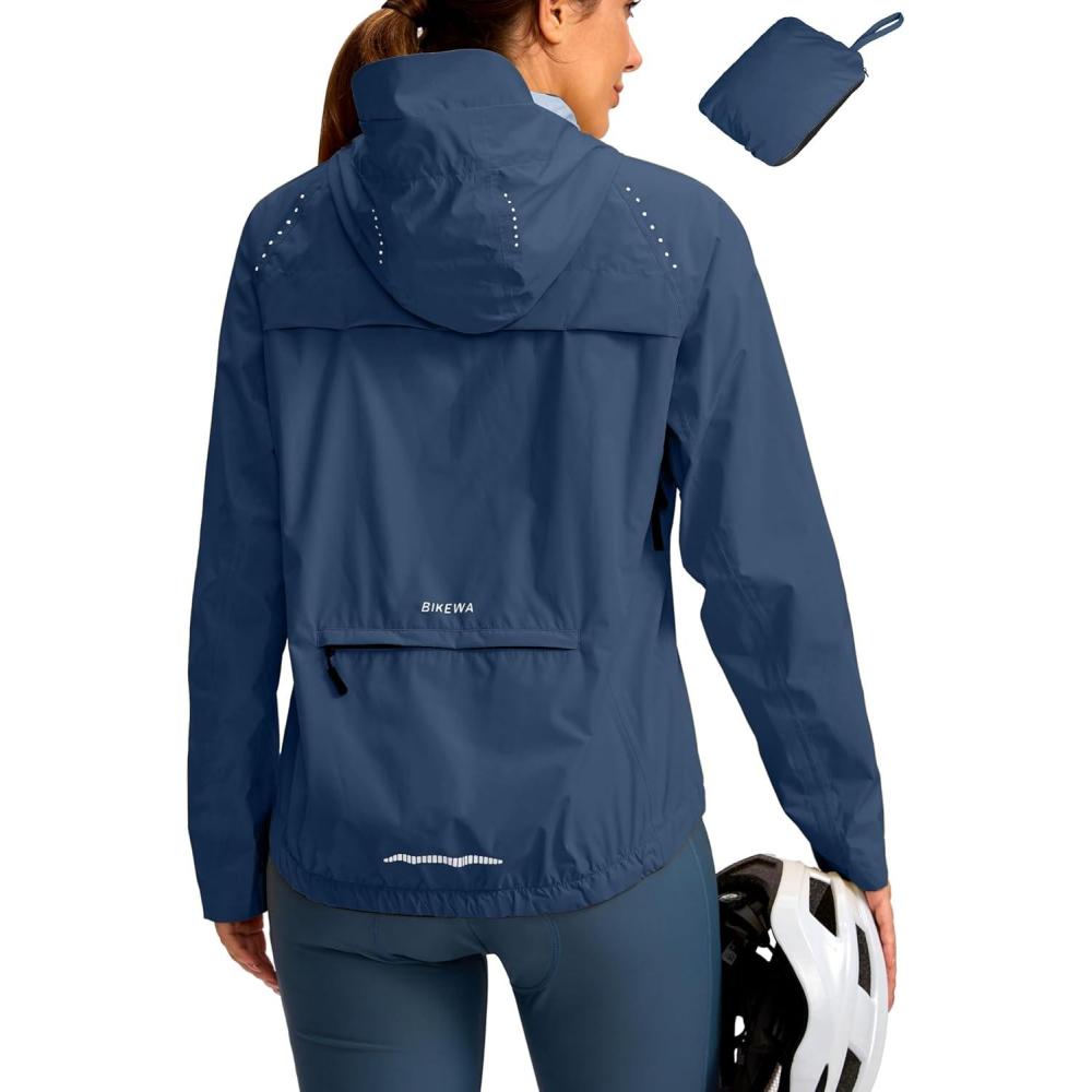 imageBikewa Womens Cycling Rain Jackets Waterproof Windbreaker Lightweight Running Windproof Reflective Jacket Packable HoodedNavy