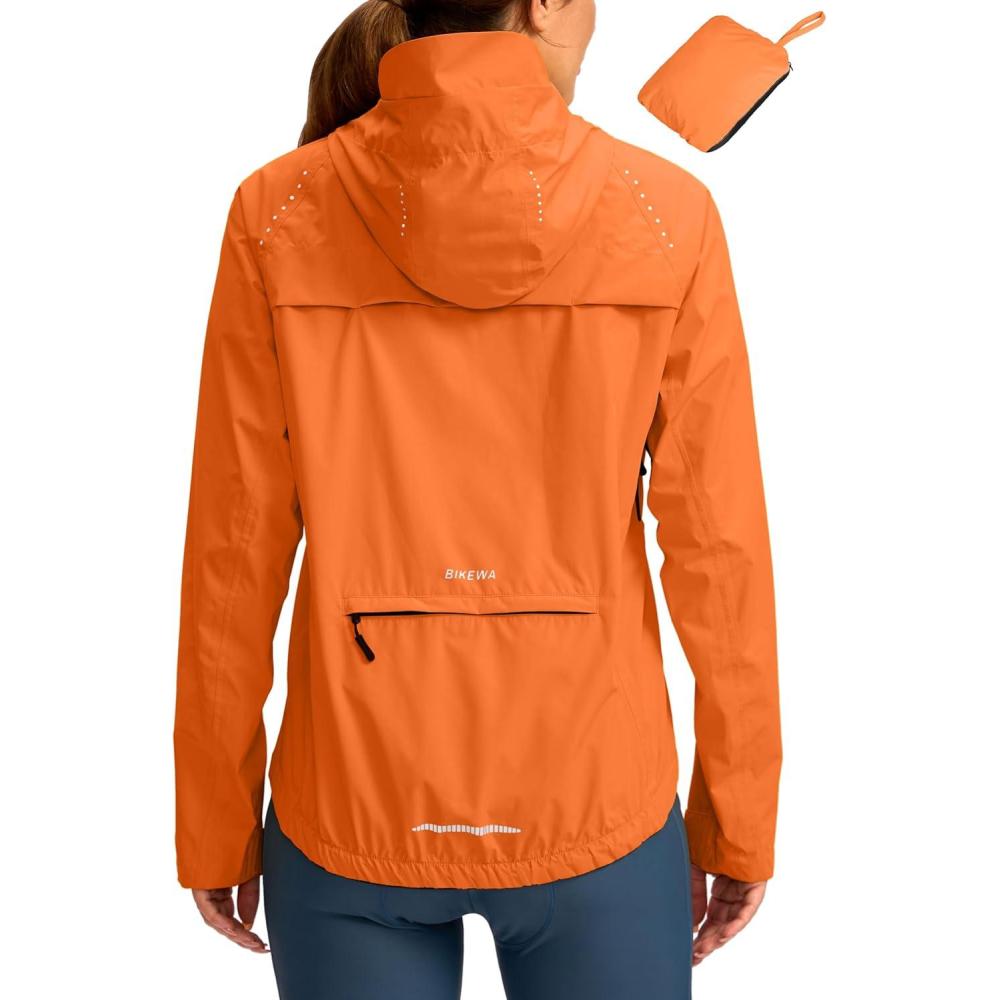 imageBikewa Womens Cycling Rain Jackets Waterproof Windbreaker Lightweight Running Windproof Reflective Jacket Packable HoodedOrange