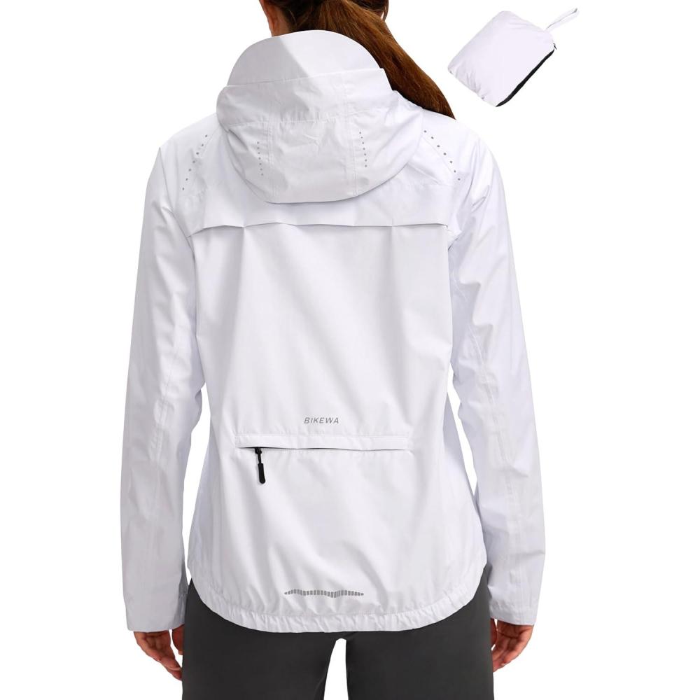 imageBikewa Womens Cycling Rain Jackets Waterproof Windbreaker Lightweight Running Windproof Reflective Jacket Packable HoodedWhite