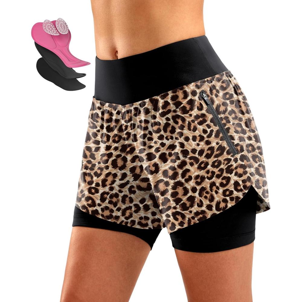 imageBikewa Womens Mountain Bike Shorts 4D Padded Cycling Riding Biking Bicycle Biker Cycle Shorts for Women Zipper PocketsLeopard