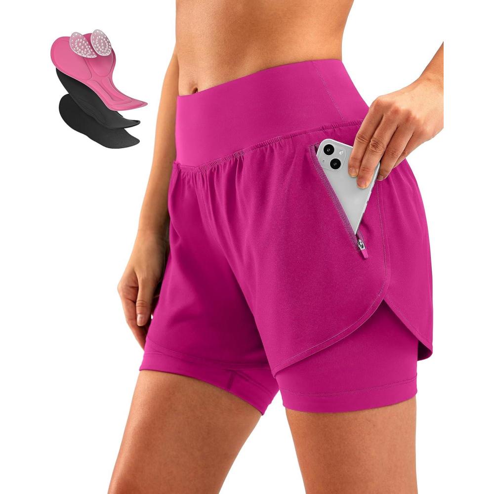 imageBikewa Womens Mountain Bike Shorts 4D Padded Cycling Riding Biking Bicycle Biker Cycle Shorts for Women Zipper PocketsRose