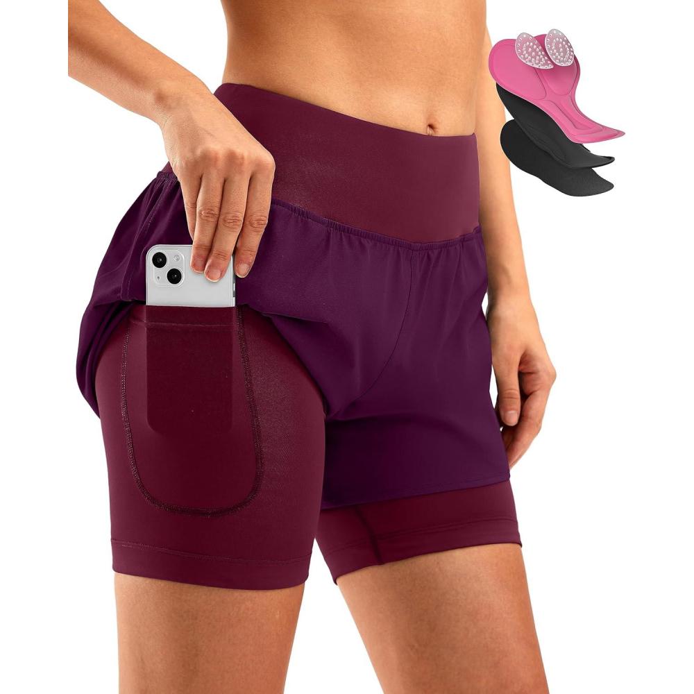 imageBikewa Womens Mountain Bike Shorts 4D Padded Cycling Riding Biking Bicycle Biker Cycle Shorts for Women Zipper PocketsWine
