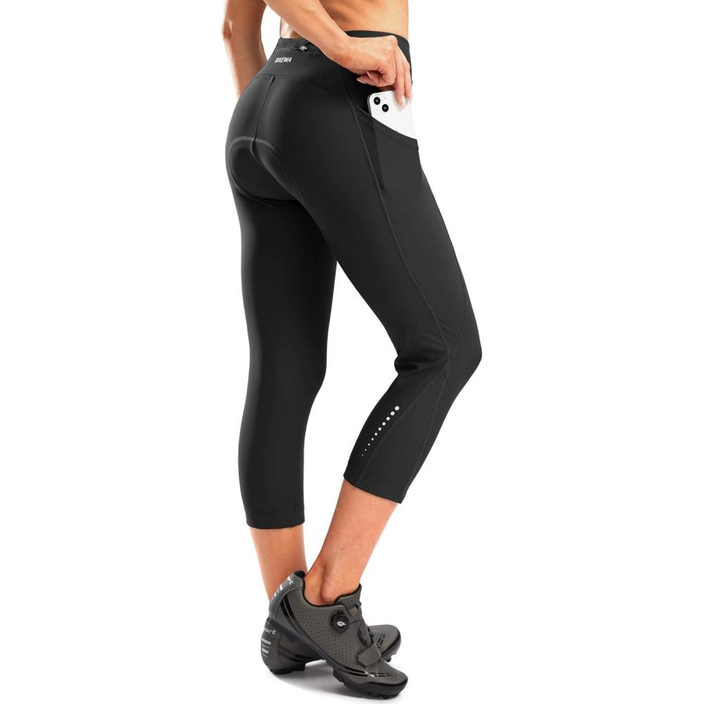 imageWomens 4D Padded Bike Pants High Waist Cycling Shorts Bicycle Capris 34 Biking Tights with Zipper PocketsBlack