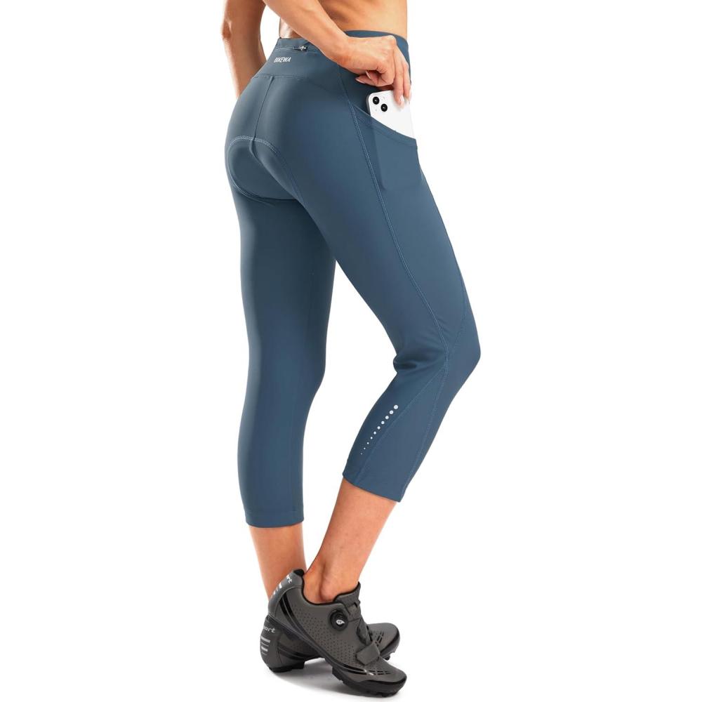 imageWomens 4D Padded Bike Pants High Waist Cycling Shorts Bicycle Capris 34 Biking Tights with Zipper PocketsBlue Grey
