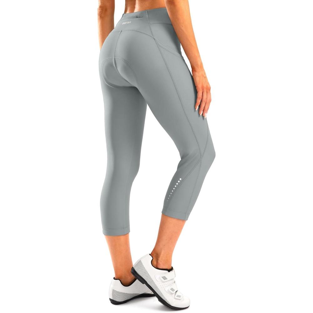 imageWomens 4D Padded Bike Pants High Waist Cycling Shorts Bicycle Capris 34 Biking Tights with Zipper PocketsLight Grey