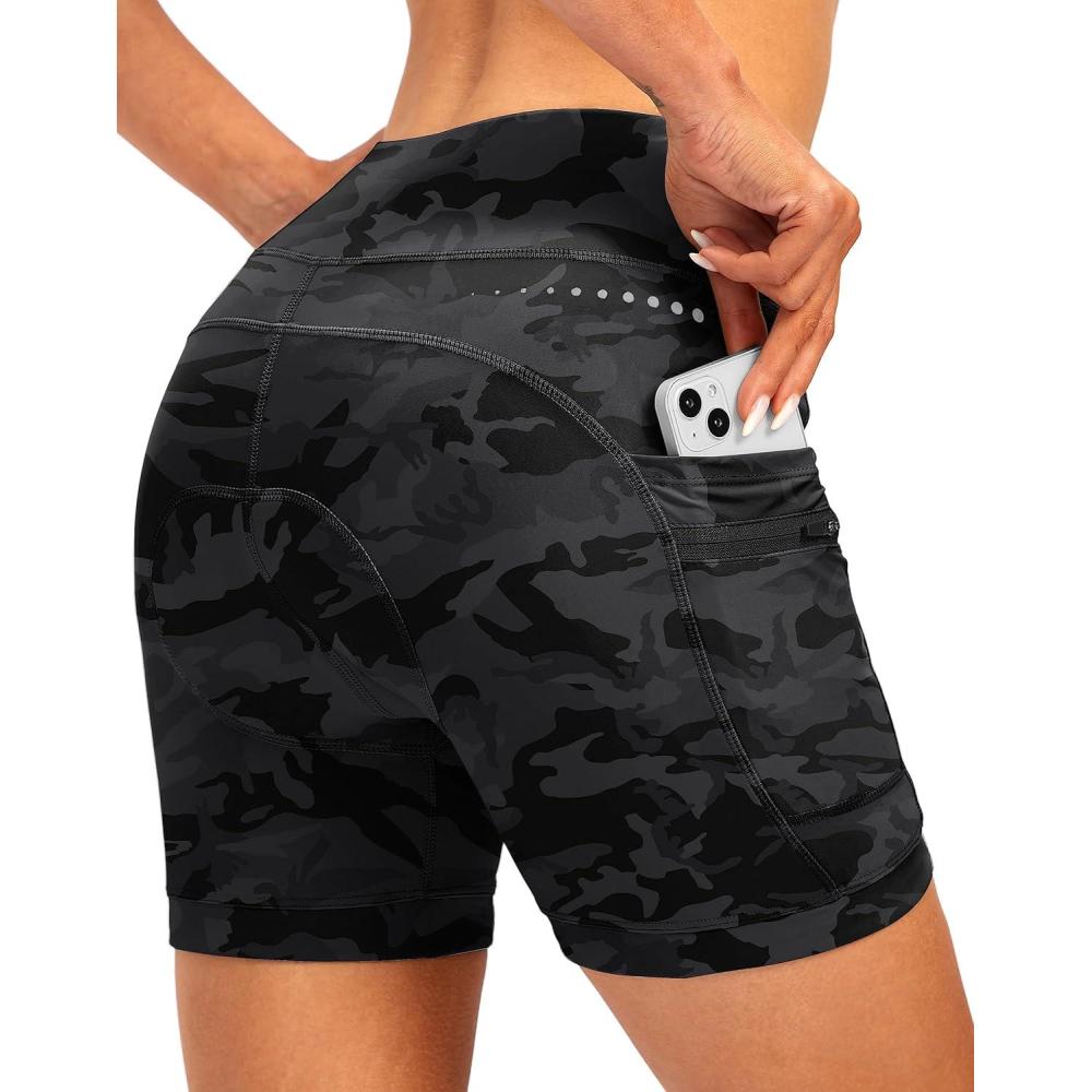 imageWomens 4D Padded Bike Shorts 5quot7quot Riding Underwear Cycling Bicycle Road Biking Cycle Shorts for Women Zipper PocketsCamo Black