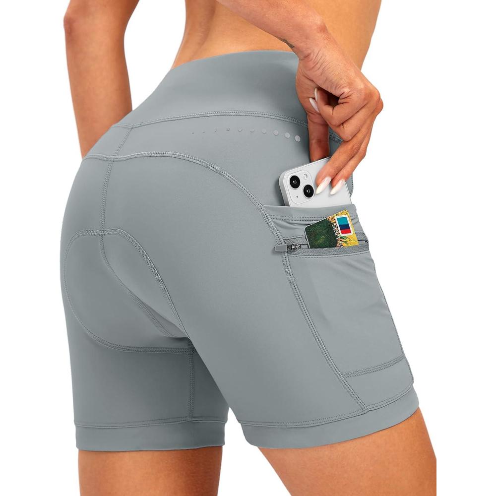 imageWomens 4D Padded Bike Shorts 5quot7quot Riding Underwear Cycling Bicycle Road Biking Cycle Shorts for Women Zipper PocketsLight Grey