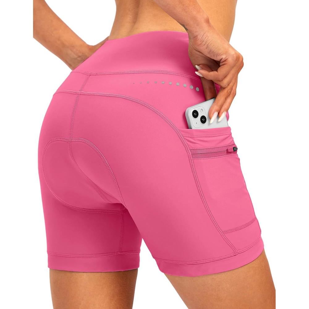 imageWomens 4D Padded Bike Shorts 5quot7quot Riding Underwear Cycling Bicycle Road Biking Cycle Shorts for Women Zipper PocketsPink