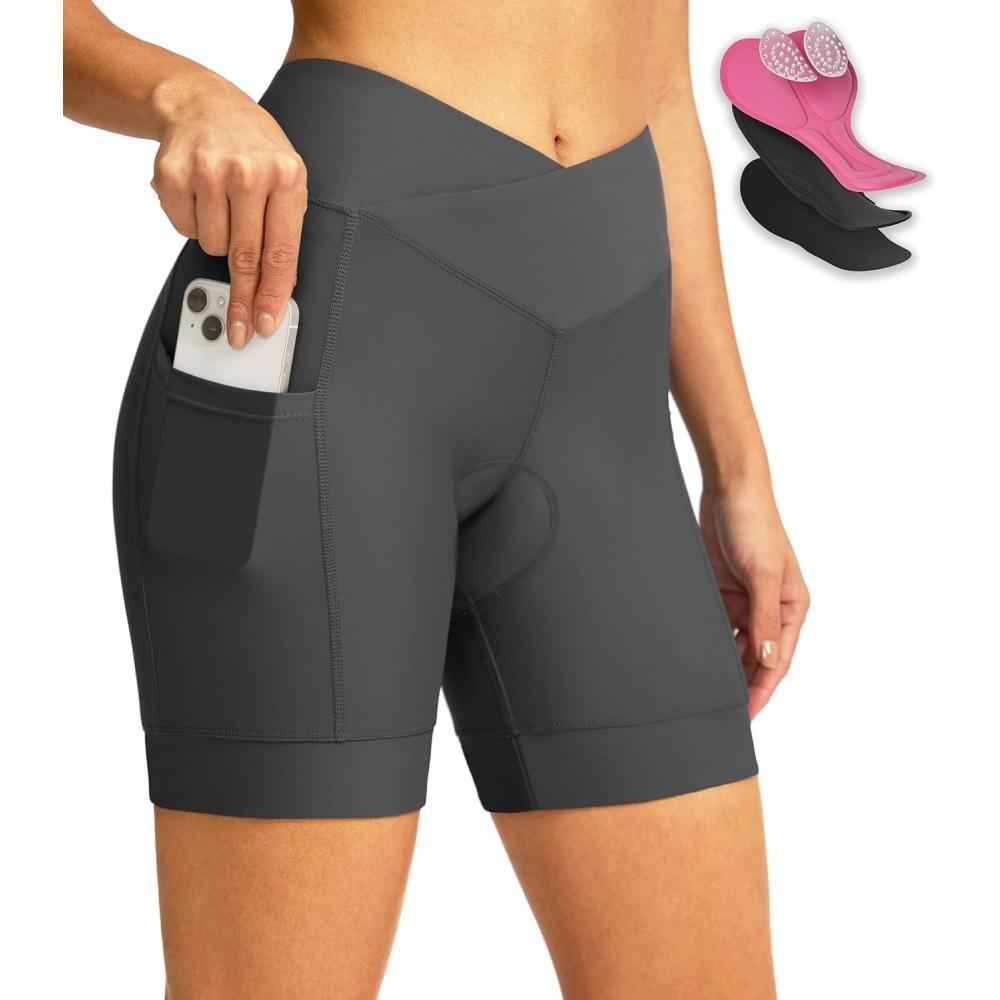 imageWomens Bike Shorts 4D Padded Cycling Shorts Crossover Waist Biking Shorts with Pockets Bicycle RidingDark Grey