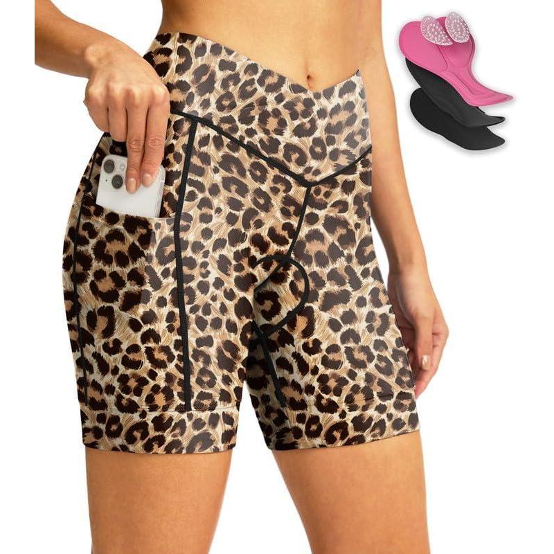 imageWomens Bike Shorts 4D Padded Cycling Shorts Crossover Waist Biking Shorts with Pockets Bicycle RidingLeopard