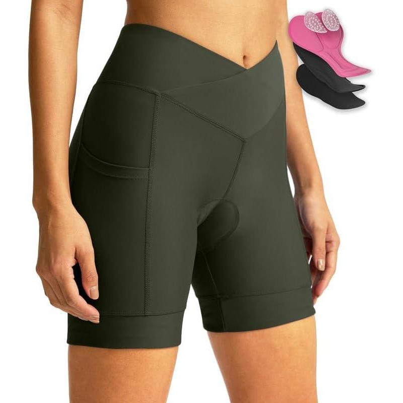 imageWomens Bike Shorts 4D Padded Cycling Shorts Crossover Waist Biking Shorts with Pockets Bicycle RidingOlive Green