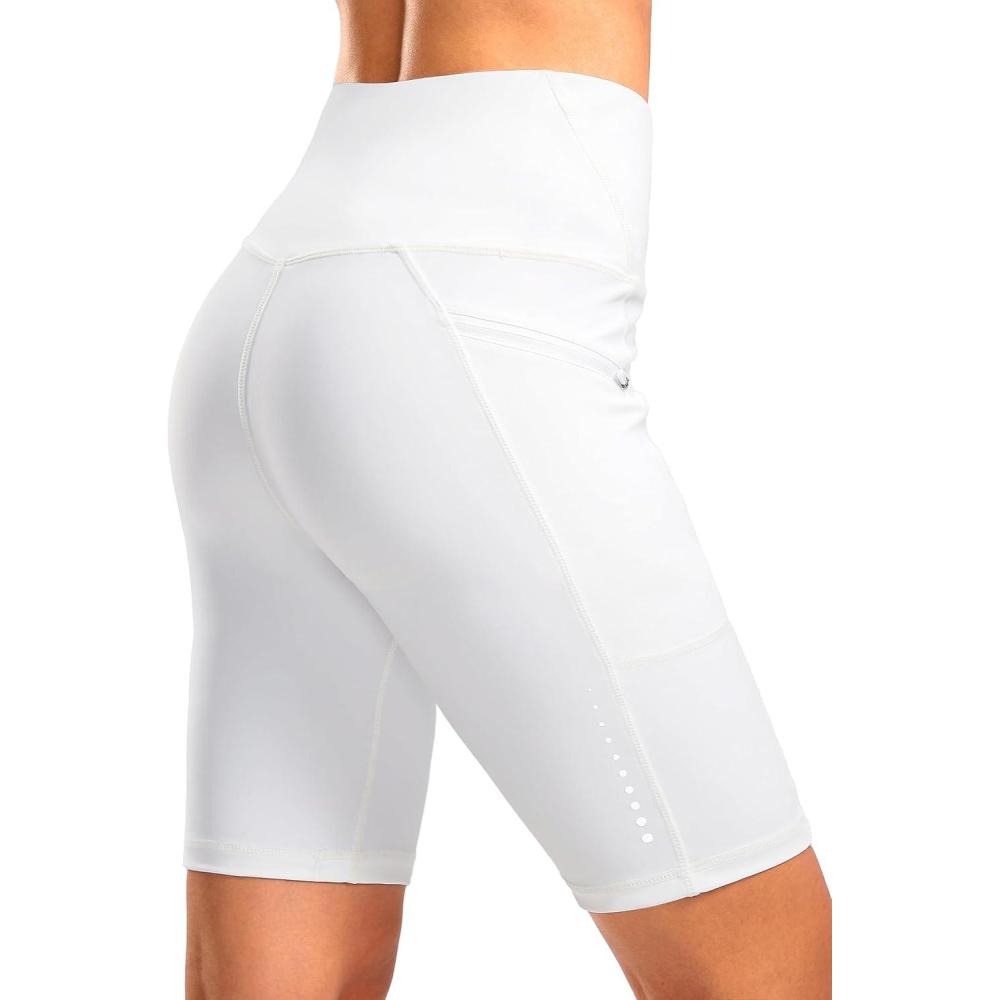 imageWomens High Waisted Biker Shorts 8quot Running Workout Tummy Control Bike Spandex Shorts for Women Zipper PocketsWhite