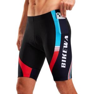 Bikewa Men’s Bike Shorts 4D Padded Biking Road Cycling Bicycle Pants Biker Shorts for Men Zipper Pockets(1_ Black/Red/Sky Blue)