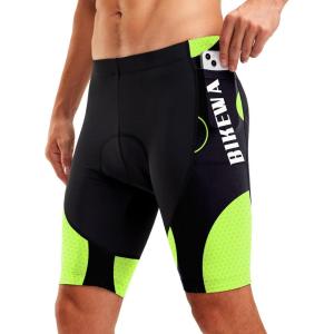 Bikewa Men’s Bike Shorts 4D Padded Biking Road Cycling Bicycle Pants Biker Shorts for Men Zipper Pockets(2_ Fluorescent Green)