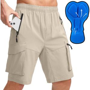 Bikewa Men’s Mountain Bike Shorts 3D Padded Loose-fit Biking Riding Cycling Bicycle Biker Shorts Zipper Pockets(Light Khaki)