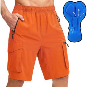 Bikewa Men’s Mountain Bike Shorts 3D Padded Loose-fit Biking Riding Cycling Bicycle Biker Shorts Zipper Pockets(Orange)