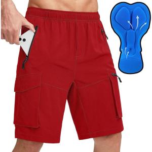 Bikewa Men’s Mountain Bike Shorts 3D Padded Loose-fit Biking Riding Cycling Bicycle Biker Shorts Zipper Pockets(Red)