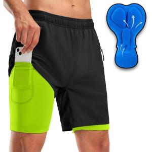 Bikewa Men’s Mountain Bike Shorts 3D Padded Loose-fit Riding Biking Cycling Bicycle Biker Shorts for Men Zipper Pockets(Black/Fluorescent Green)