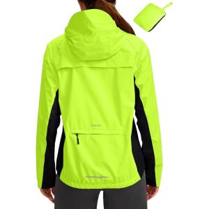 Bikewa Women’s Cycling Rain Jackets Waterproof Windbreaker Lightweight Running Windproof Reflective Jacket Packable Hooded(Fluorescent Yellow/Black)