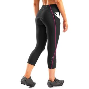 Women’s 4D Padded Bike Pants High Waist Cycling Shorts Bicycle Capris 3/4 Biking Tights with Zipper Pockets(Black/Rosy)