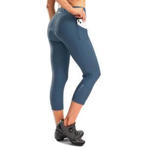 Women’s 4D Padded Bike Pants High Waist Cycling Shorts Bicycle Capris 3/4 Biking Tights with Zipper Pockets(Blue Grey)
