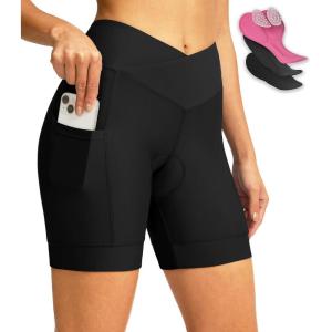 Women’s Bike Shorts 4D Padded Cycling Shorts Crossover Waist Biking Shorts with Pockets Bicycle Riding(Black)