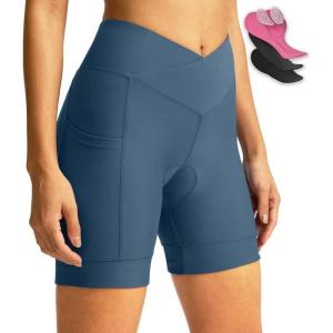 Women’s Bike Shorts 4D Padded Cycling Shorts Crossover Waist Biking Shorts with Pockets Bicycle Riding(Blue Grey)