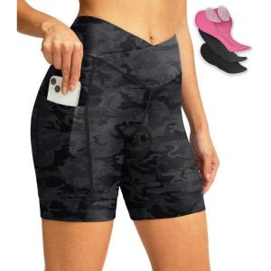 Women’s Bike Shorts 4D Padded Cycling Shorts Crossover Waist Biking Shorts with Pockets Bicycle Riding(Camo Black)